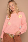 POL Crochet Flower Round Neck Dropped Shoulder Sweater