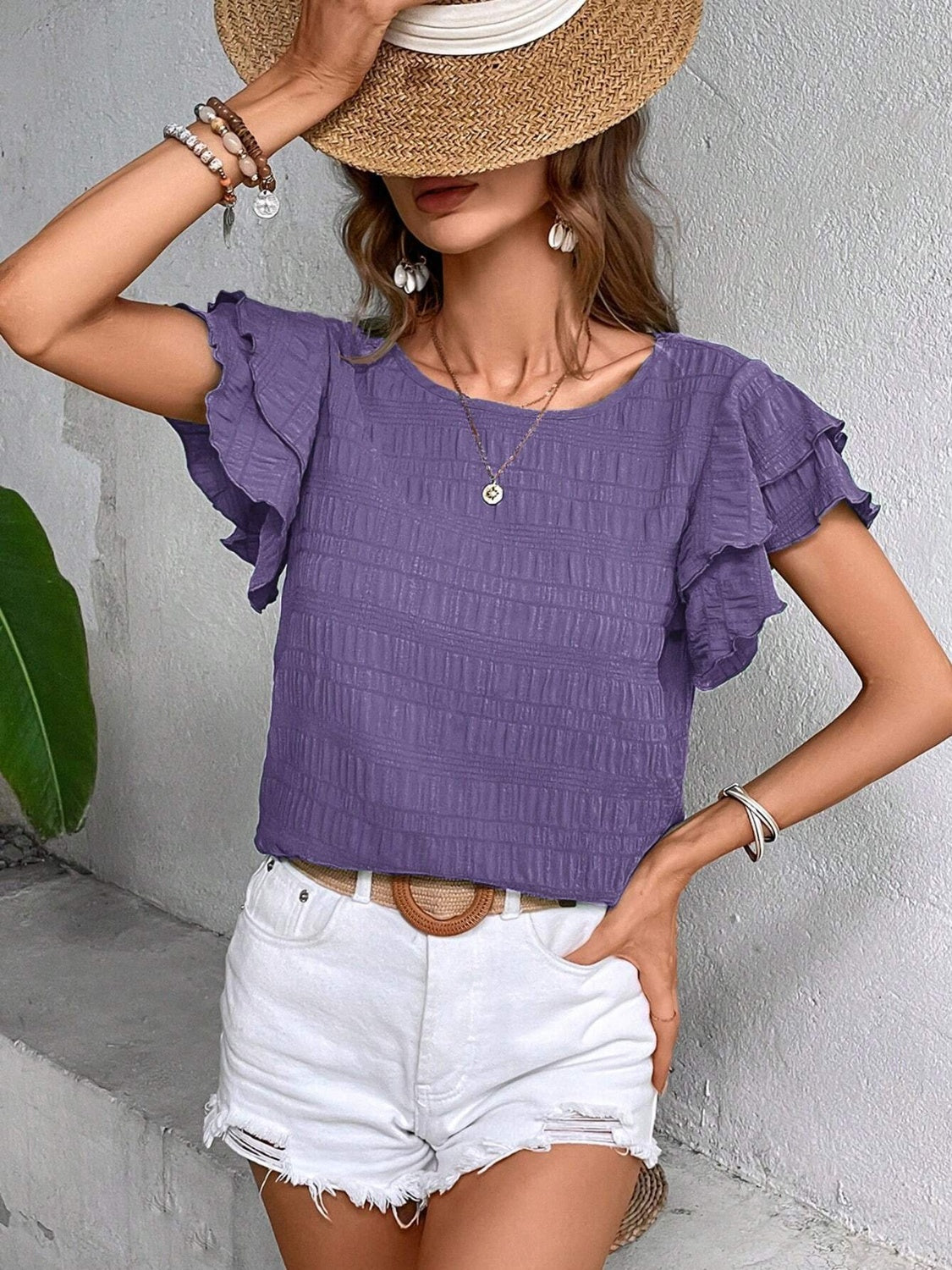 Round Neck Flounce Sleeve Blouse - Flyclothing LLC