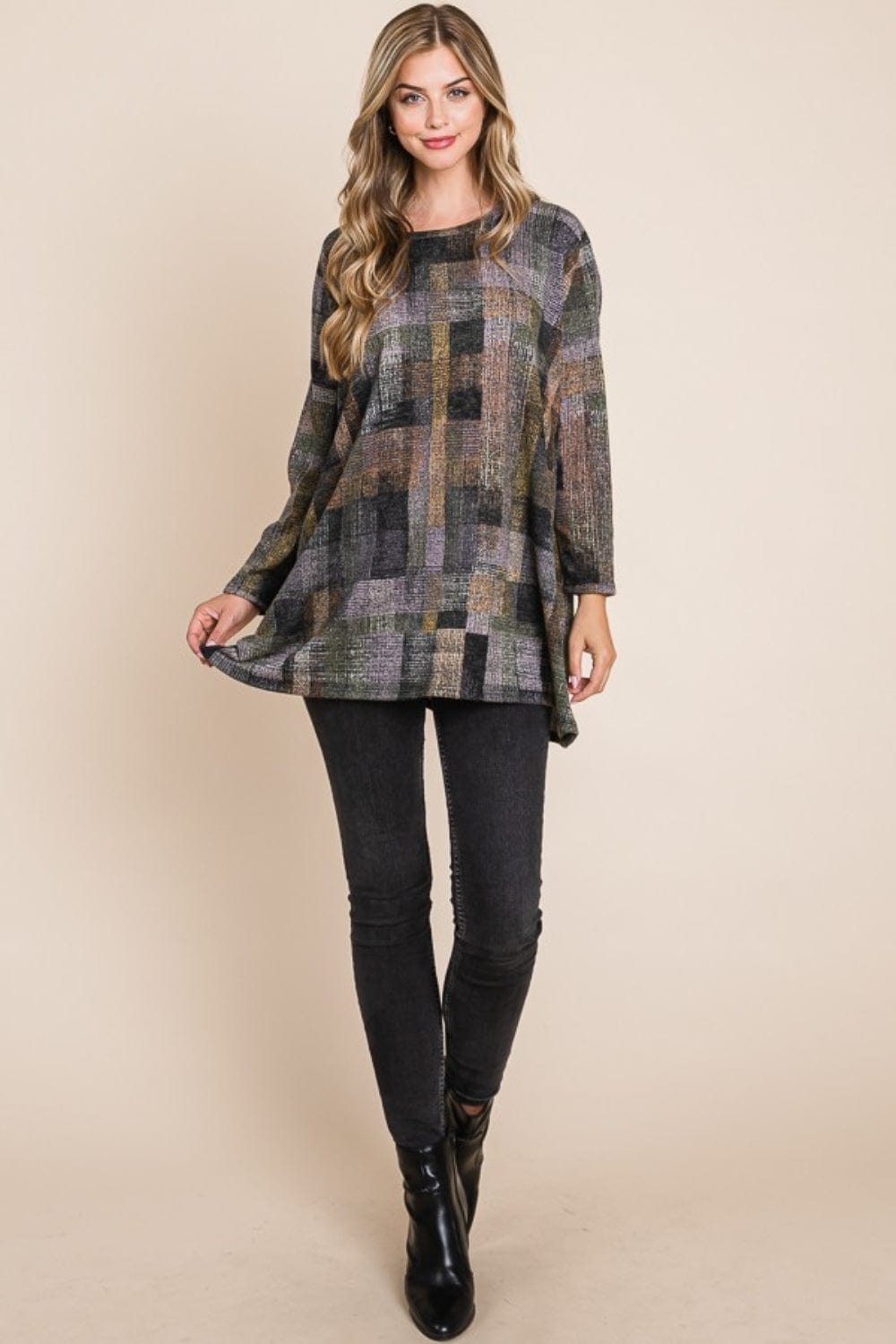 BOMBOM Plaid Round Neck Long Sleeve Top - Trendsi