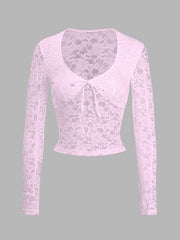 Devine Scoop Neck Long Sleeve Lace Top - Trendsi