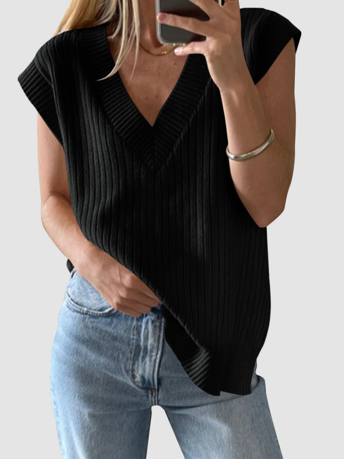 Mandy Ribbed V-Neck Sweater Vest - Trendsi