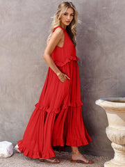 Ruffled Sleeveless Tiered Maxi Dress with Pockets Trendsi