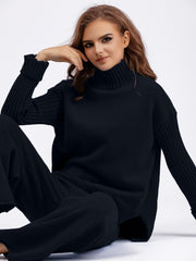 Basic Bae High- Low Turtleneck Long Sleeve Top and Pants Sweater Set - Trendsi