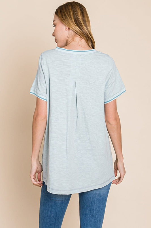 Cotton Bleu by Nu Lab Contrast Trim Short Sleeve Slit T-Shirt - Trendsi