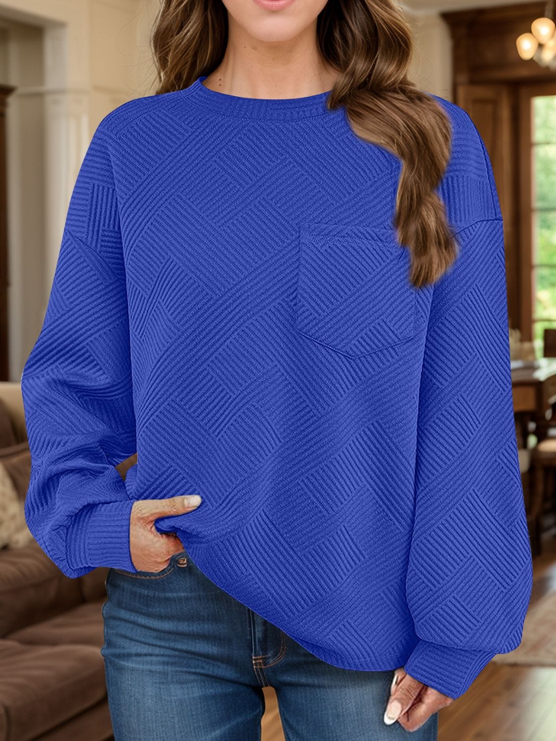 Full Size Texture Round Neck Long Sleeve Sweatshirt - Trendsi