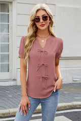 Bow Notched Short Sleeve Blouse - Trendsi