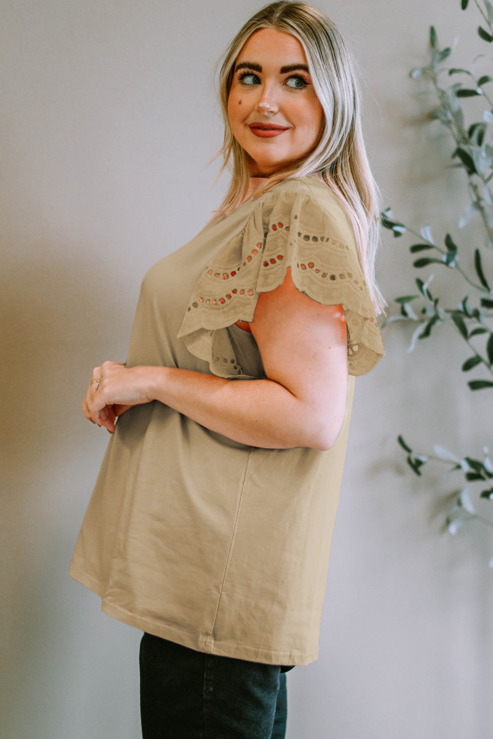 Plus Size Eyelet Round Neck Short Sleeve Blouse - Flyclothing LLC