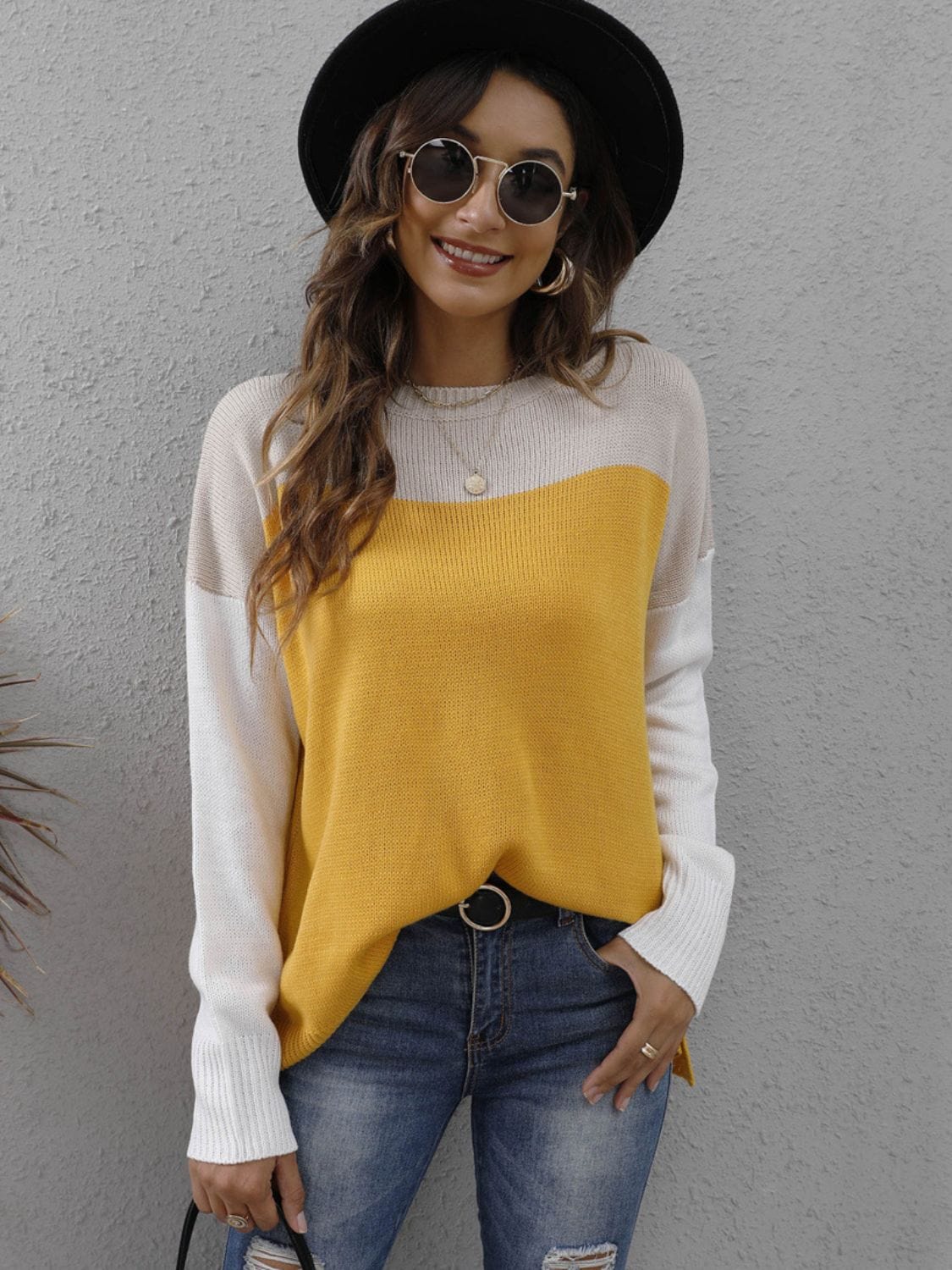 Color Block Round Neck Sweater - Trendsi