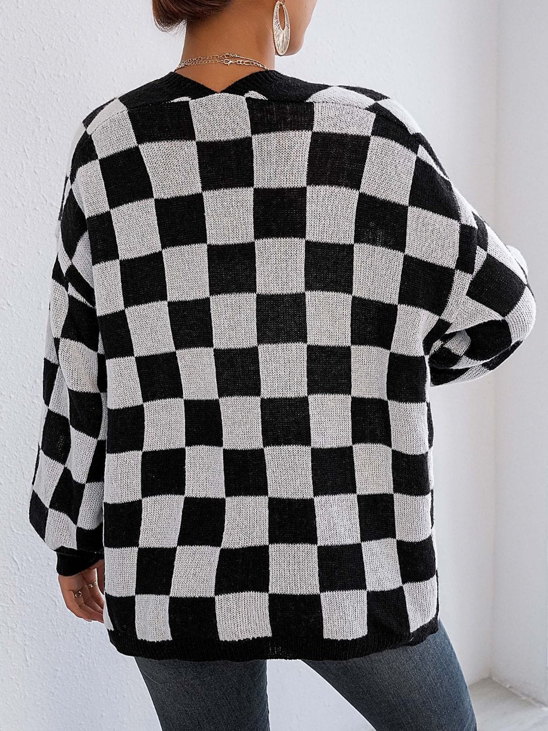 Checkered Open Front Long Sleeve Cardigan - Trendsi