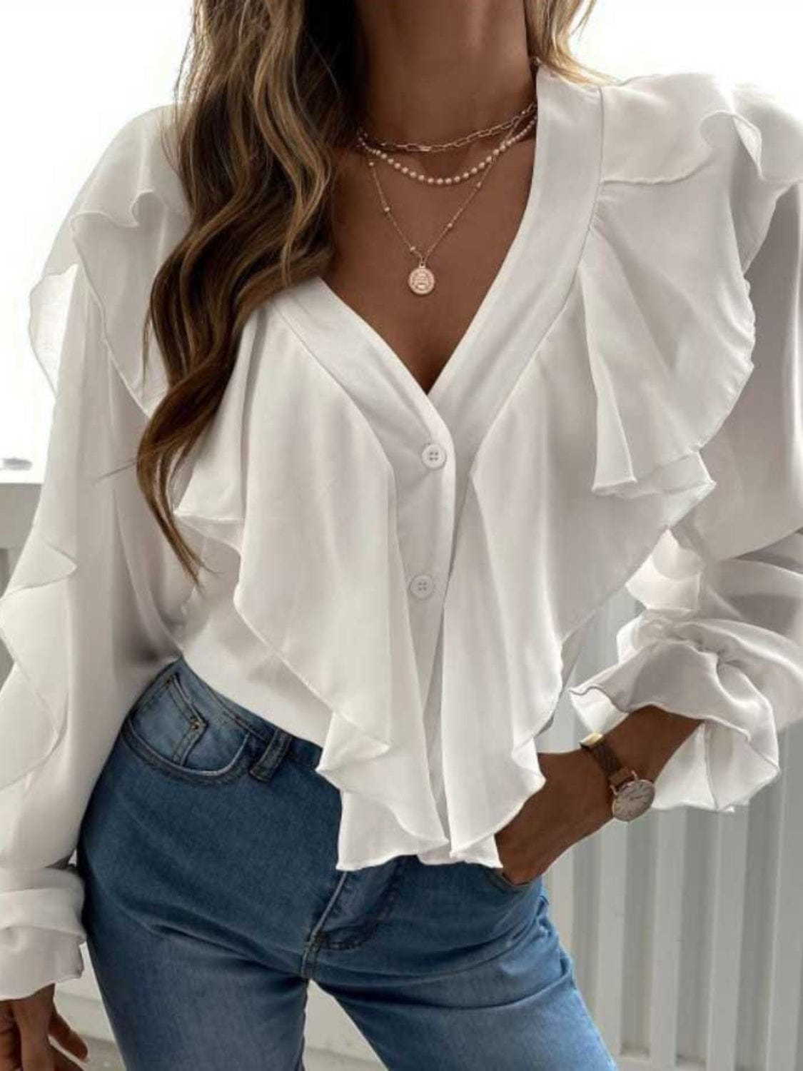 Full Size Ruffled V-Neck Button Down Flounce Sleeve Blouse - Trendsi