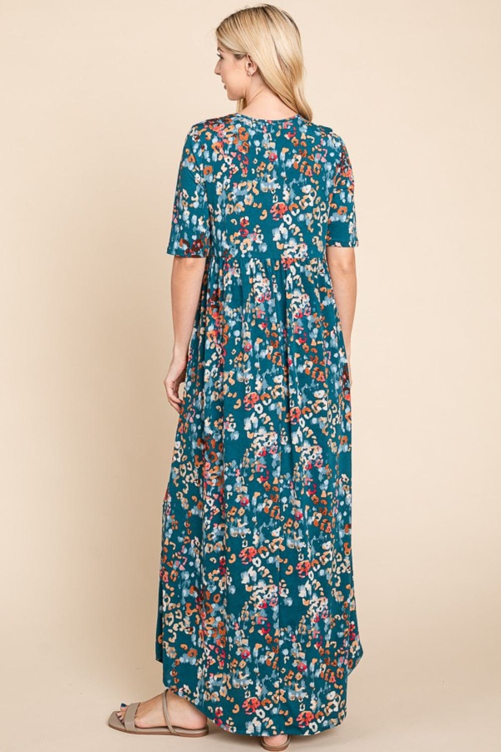 BOMBOM Printed Shirred Maxi Dress - Trendsi