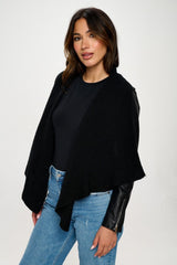 Coalition LA Knit Collared Faux Leather Crop Jacket - Trendsi