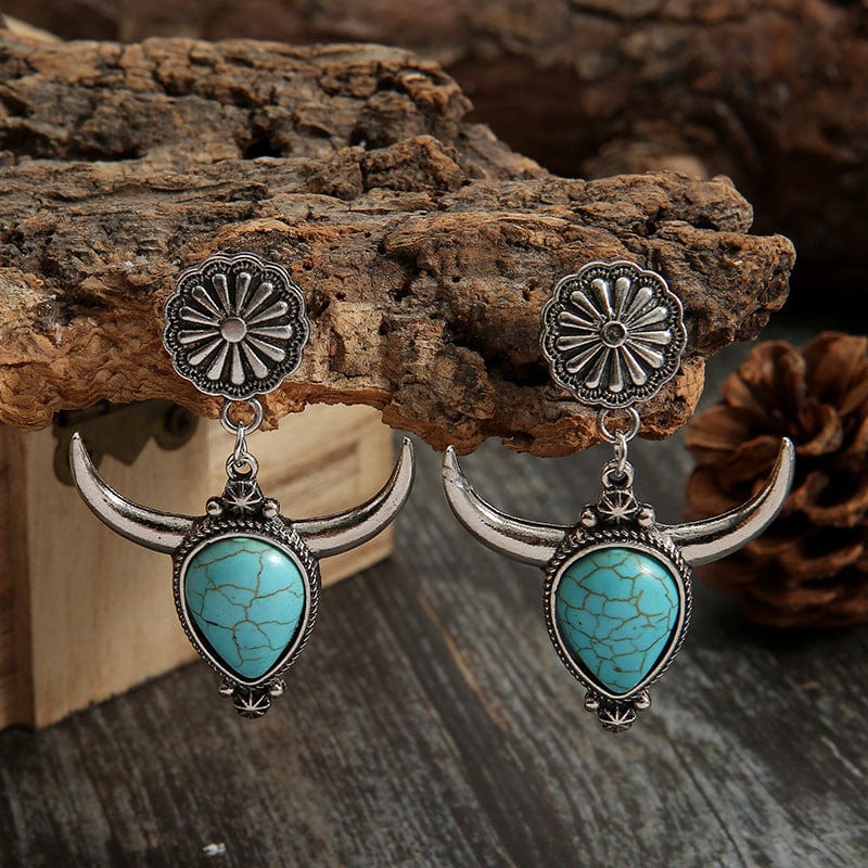 Artificial Turquoise Alloy Cow Head Earrings - Trendsi