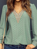 Eyelet V-Neck Long Sleeve Blouse - Flyclothing LLC