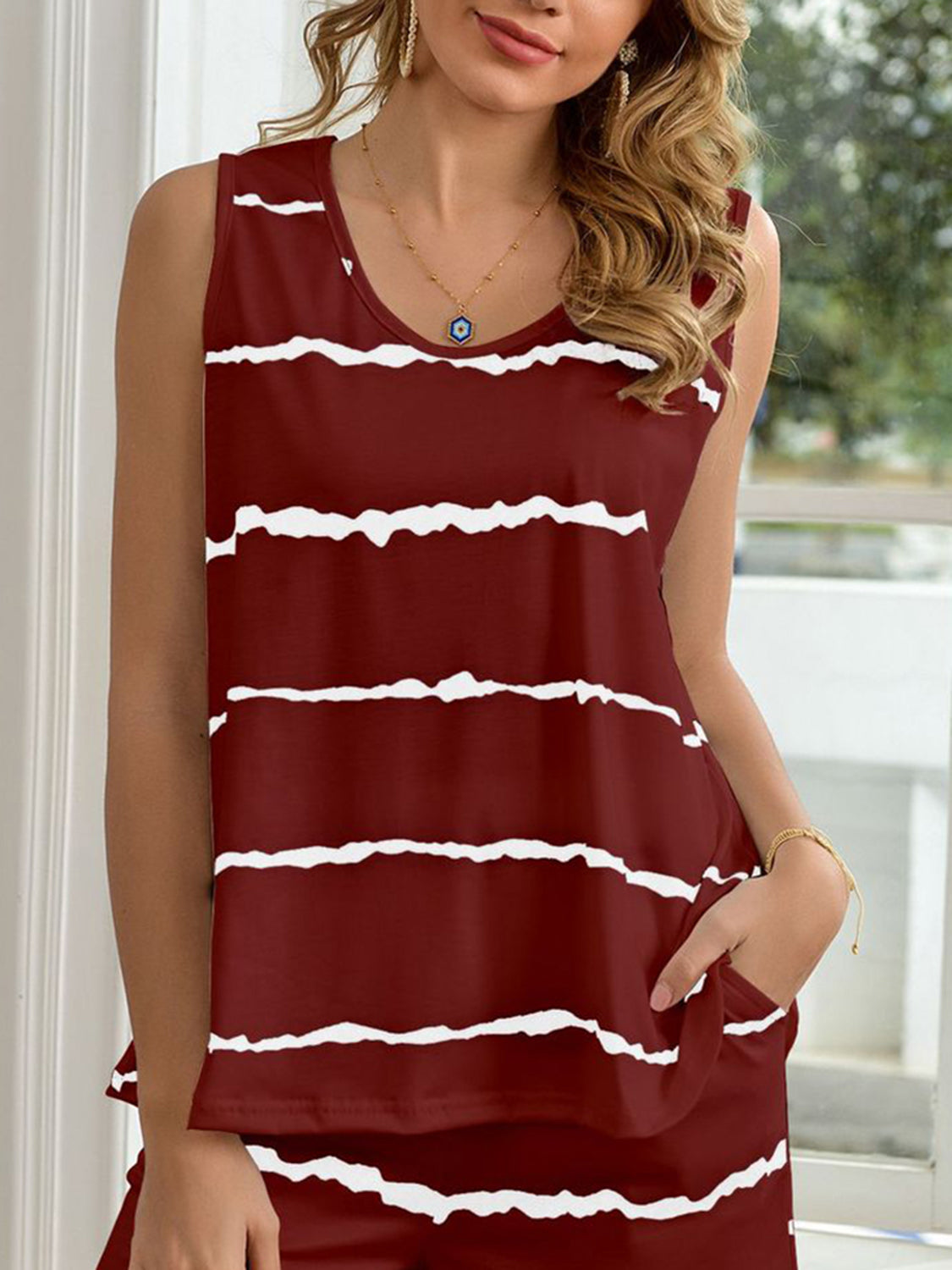 Striped Round Neck Tank and Shorts Lounge Set - Flyclothing LLC