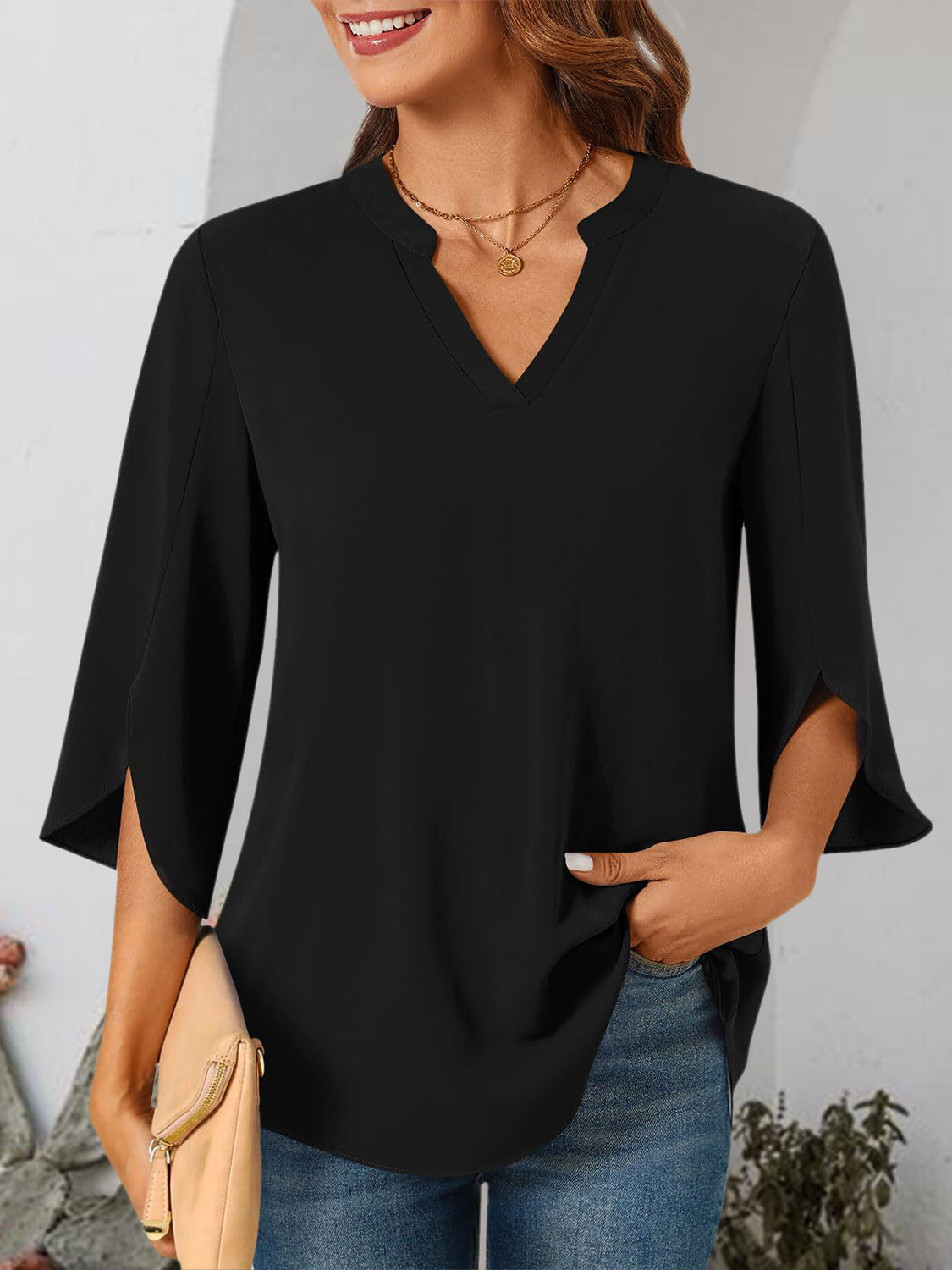 Notched Slit Half Sleeve Blouse Trendsi