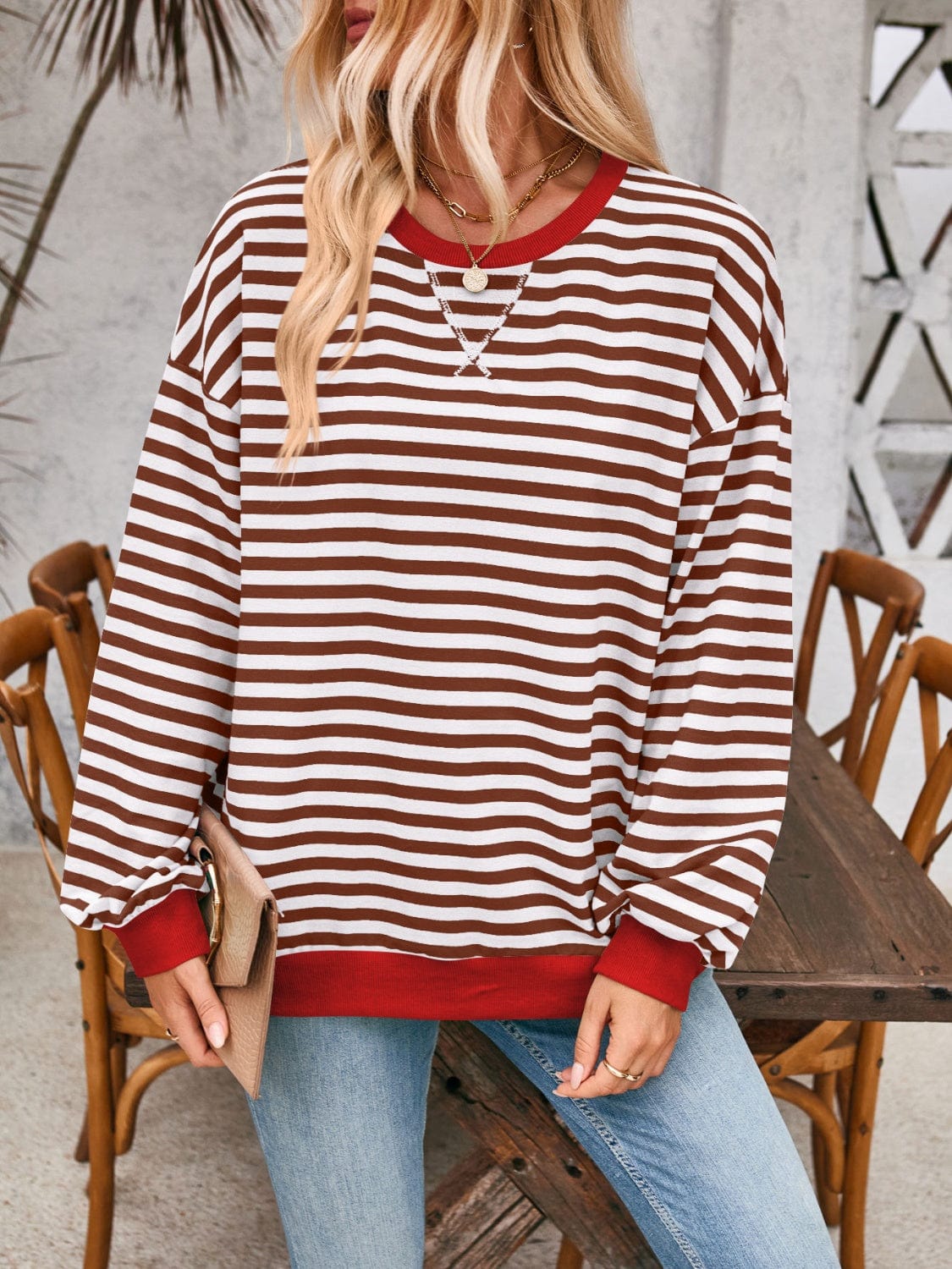 Contrast Striped Long Sleeve Sweatshirt - Trendsi