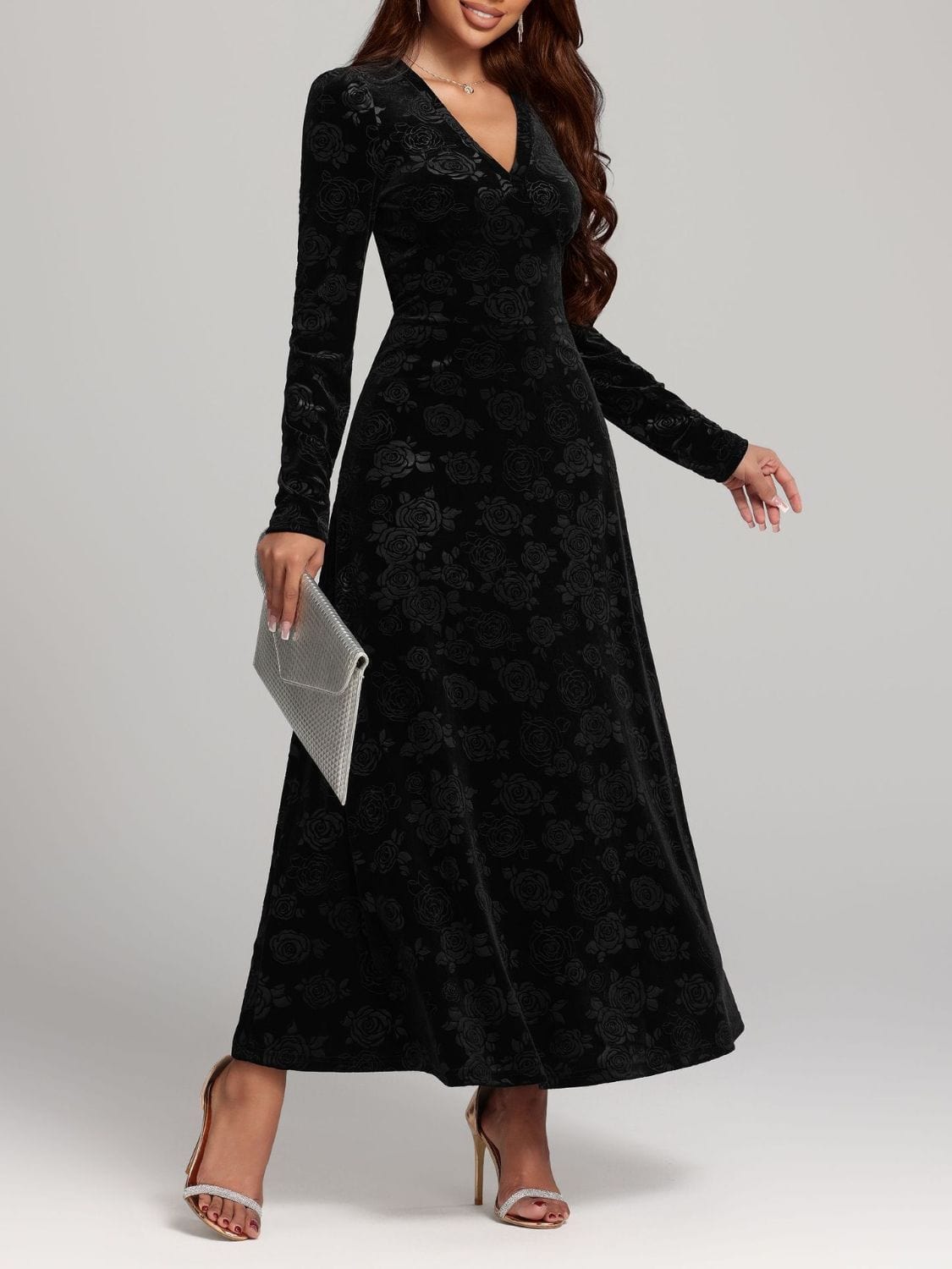 Rose Print V-Neck Long Sleeve Dress - Trendsi