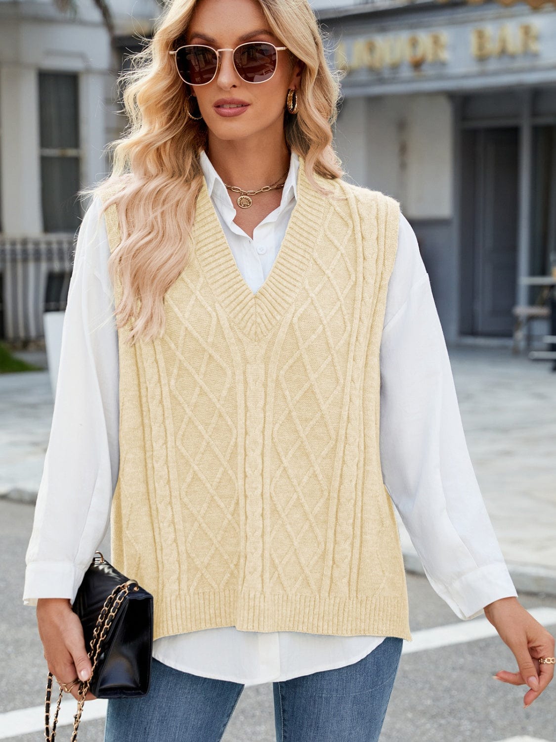 Cable Knit V-Neck Sweater Vest - Trendsi