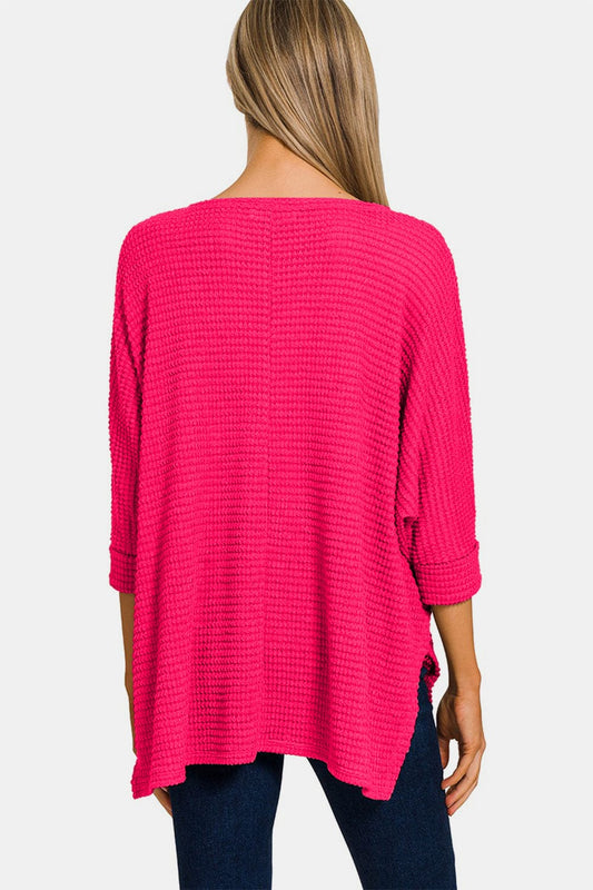 Zenana V-Neck High-Low Jacquard Knit Top