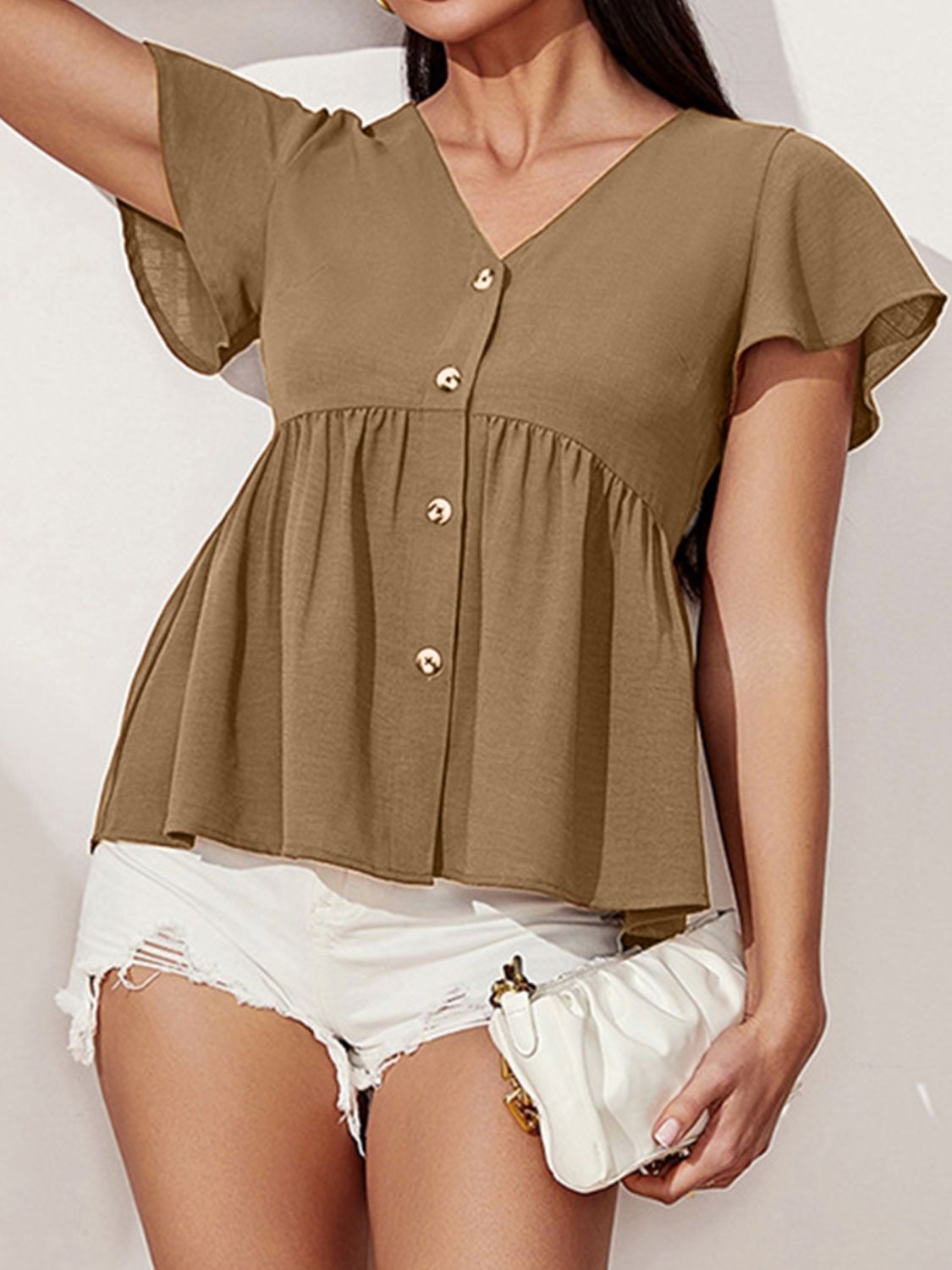 V-Neck Flutter Sleeve Blouse - Flyclothing LLC