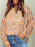 Printed Notched Balloon Sleeve Blouse - Flyclothing LLC