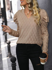 Textured V-Neck Long Sleeve Top - Trendsi