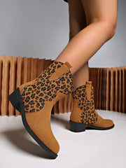 Leopard Suede Block Heel Boots - Trendsi