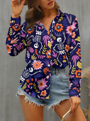 FAM-FAM Buttoned Printed Collared Neck Long Sleeve Shirt - Trendsi