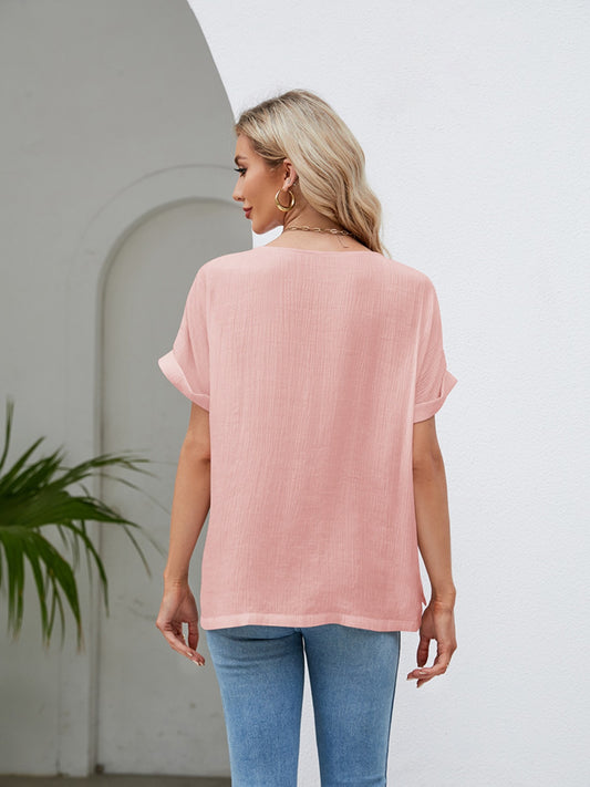 Round Neck Short Sleeve Blouse - Flyclothing LLC