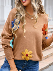 Crochet Flower Round Neck Sweater - Trendsi