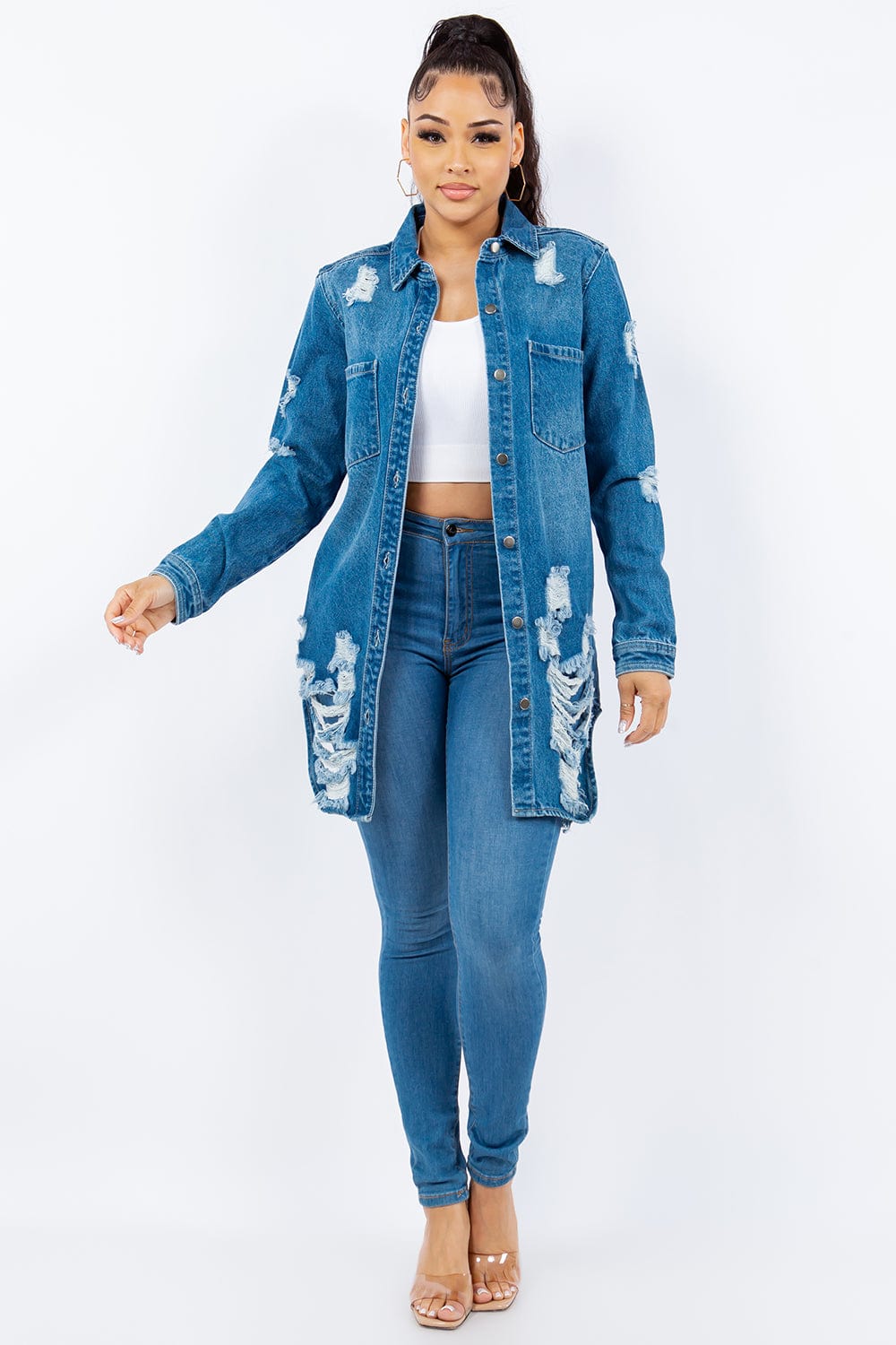 American Bazi Distressed Button Up Long Sleeve Denim Jacket - Trendsi