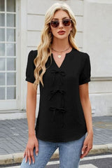 Bow Notched Short Sleeve Blouse - Trendsi