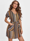 Pocketed Striped Short Sleeve Dress - Flyclothing LLC