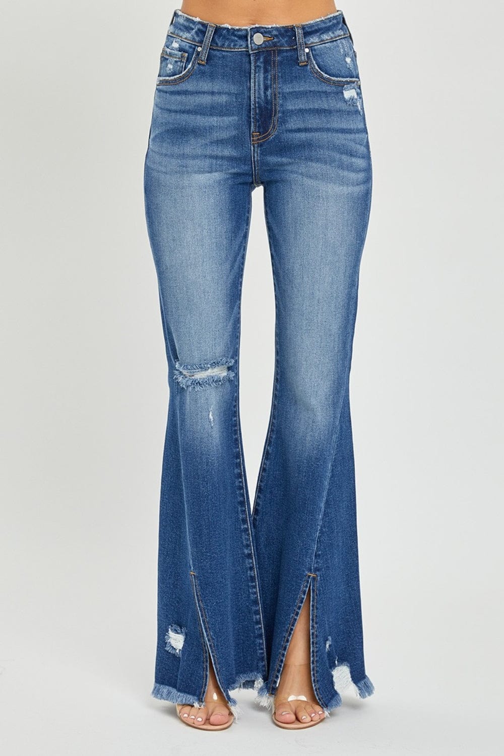 RISEN Full Size High Rise Front Slit Frayed Hem Flare Jeans - Trendsi