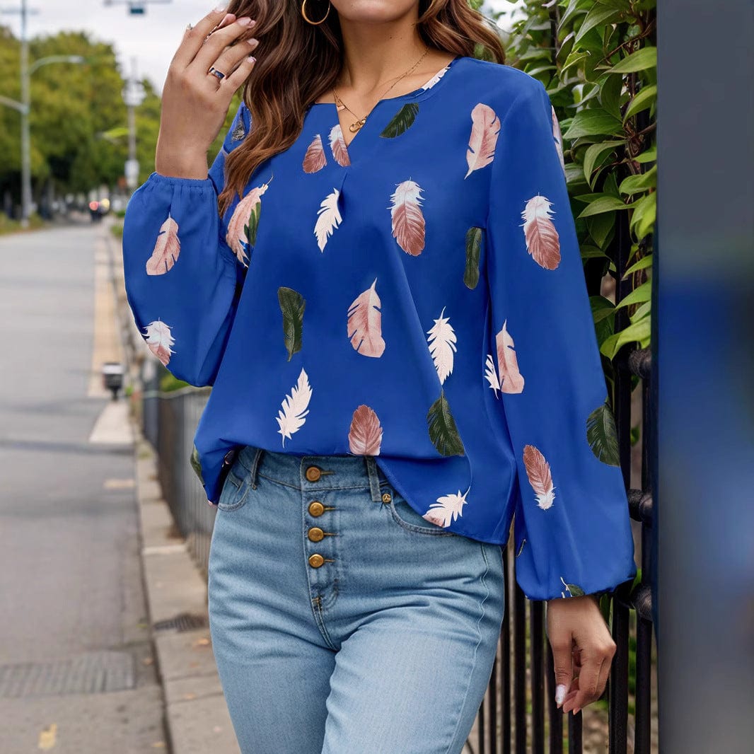 Feather Print Notched Balloon Sleeve Top - Trendsi