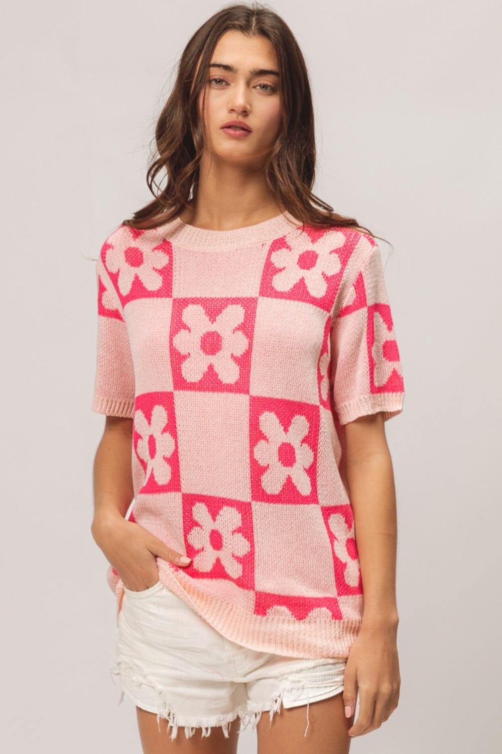 BiBi Flower Checker Pattern Short Sleeve Sweater - Trendsi