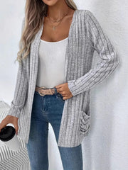 Ribbed Open Front Long Sleeve Cardigan with Pockets - Trendsi