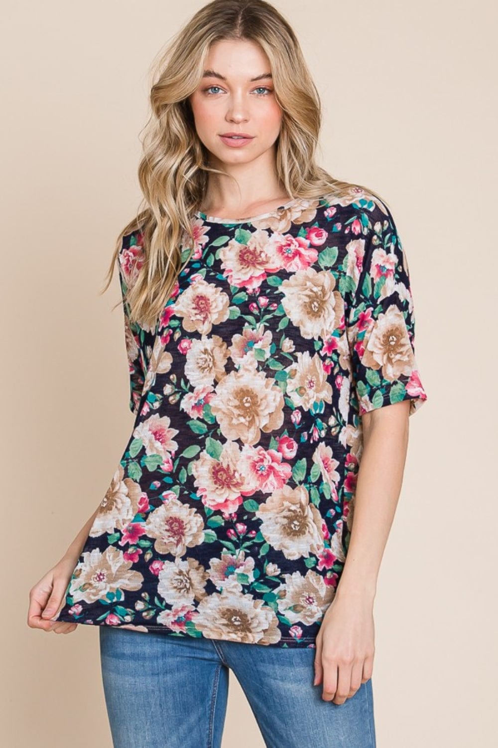 BOMBOM Floral Round Neck T-Shirt - Trendsi