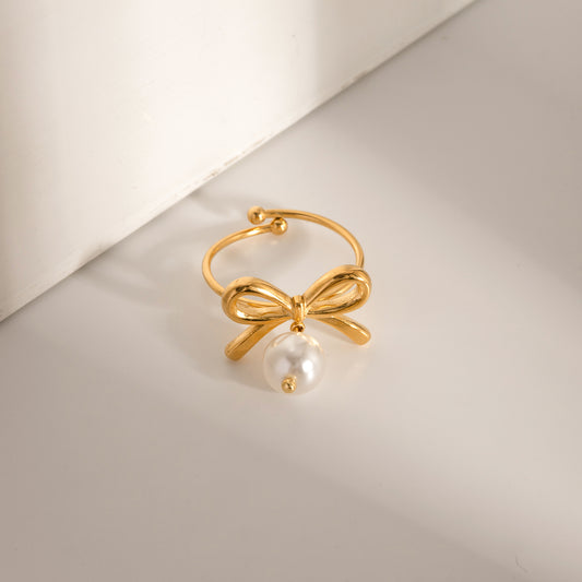 Stainless Steel Pearl Bow Ring Trendsi