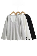 Basic Bae V-Neck Dropped Shoulder Long Sleeve Sweatshirt with Bra - Trendsi