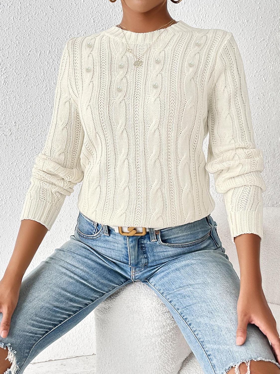 Cable-Knit Round Neck Long Sleeve Sweater - Trendsi