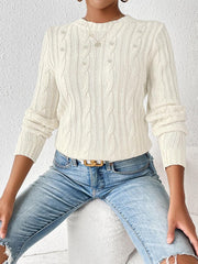 Cable-Knit Round Neck Long Sleeve Sweater - Trendsi