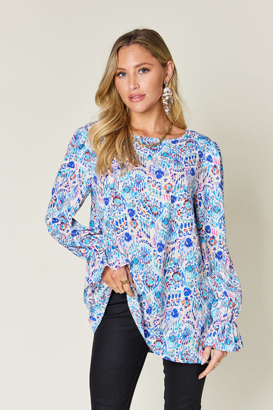 Double Take Full Size Printed Flounce Sleeve Blouse