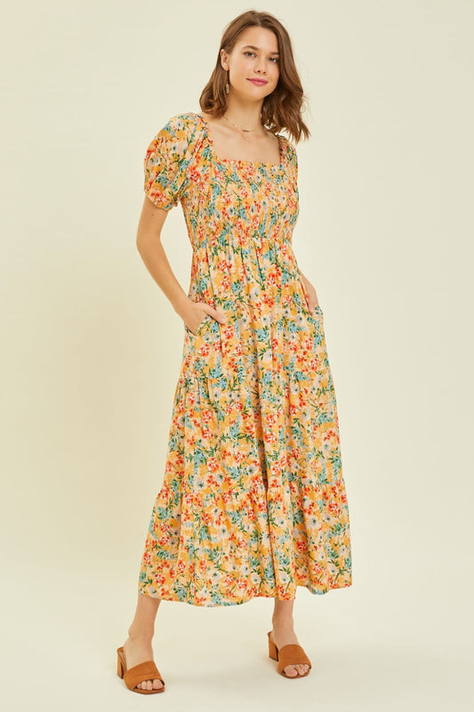 HEYSON Full Size Floral Smocked Tiered Midi Dress - Flyclothing LLC