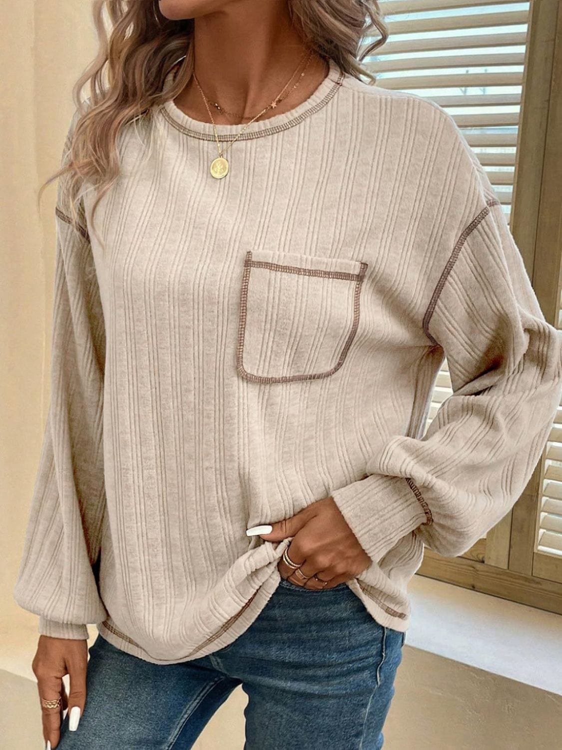 Mandy Contrast Stitching Round Neck Long Sleeve T-Shirt - Trendsi