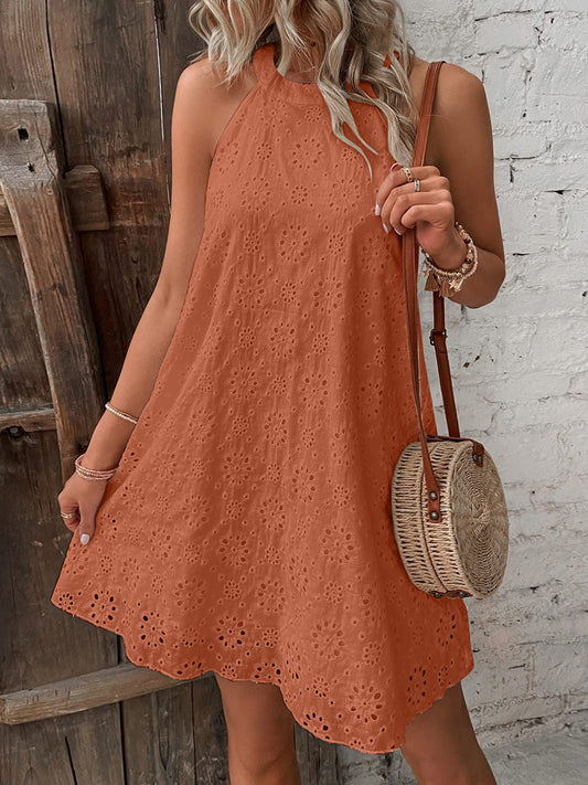 Eyelet Grecian Neck Mini Dress - Trendsi