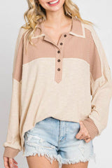 Waffle-Knit Color Block Half Button Long Sleeve Top