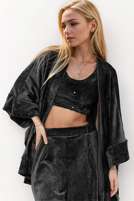 Basic Bae Buttery-Soft Bra, Open Front Cardigan and Shorts Set - Trendsi