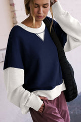 Color Block Round Neck Long Sleeve Sweatshirt - Trendsi